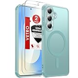 LeYi Cover Magnetica per Samsung S25 FE con 2 Pezzi Vetro Temperato, Custodia per Galaxy S25Fe Traslucida Opaca Anti-Impronte Resistente ai Graffi Paraurti in TPU Antiurto Protettiva Case，Verde chiaro