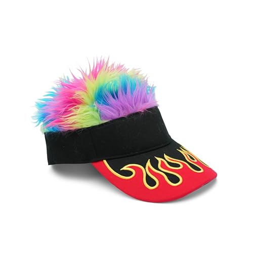 GOOFBALLS Novelty Hair Visor Funny Wig Hat for Men & Women Hilarious Sun Visor with Fake Hair Perfect for Parties Beach Days & Gag Gifts Spiky Rainbow with Flames