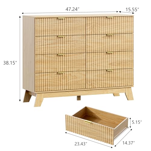 Image of Wodeer 8 Drawer Fluted Dresser for Bedroom, Mid Century Modern Wooden Dresser with 8 Drawers, Dressers & Chests of Drawers with Metal Handle, TV Stand & Storage Organizer for Entryway, Hallway, Oak