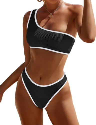 YIMISAN Conjunto de Bikini Acanalado para Mujer, Parte Superior de un Hombro con Cintura Media, Traje de baño de Dos Piezas, Negro&Blanco, Large