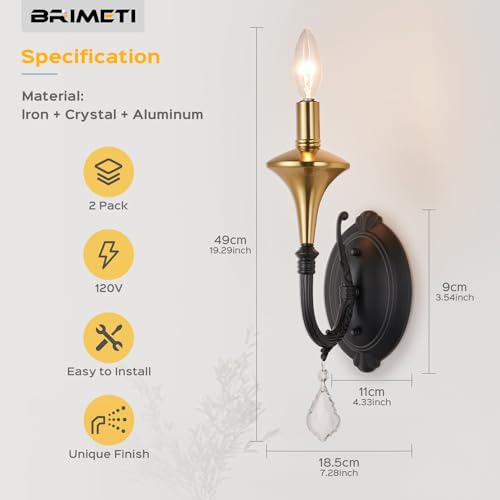 Image of Farmhouse Wall Sconces Set of 2, Black Modern Industrial Wall Sconces Indoor E12 Base with Crystal Decoation,Vintage Rustic Bedside Wall Mount Light Fixture for Bedroom Living Room Stairway