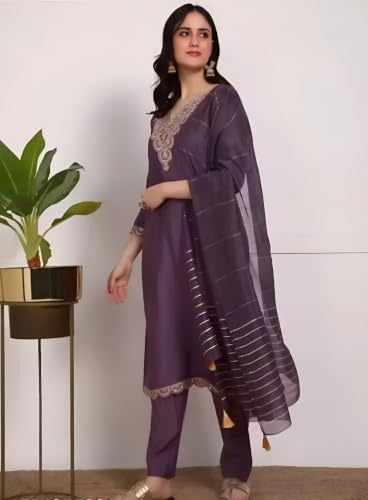 Image of Women's Viscose Rayon Embroidered Kurta Pant Set with Dupatta
