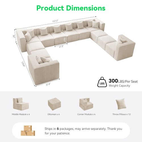 Image of MONVANE Oversized Boneless Sectional Couches for Living Room, 12-Seat Cloud Couch, Modular Sofa with Ottoman & 12 Throw Pillows, Comfy Chenille, No Assembly Required, Beige