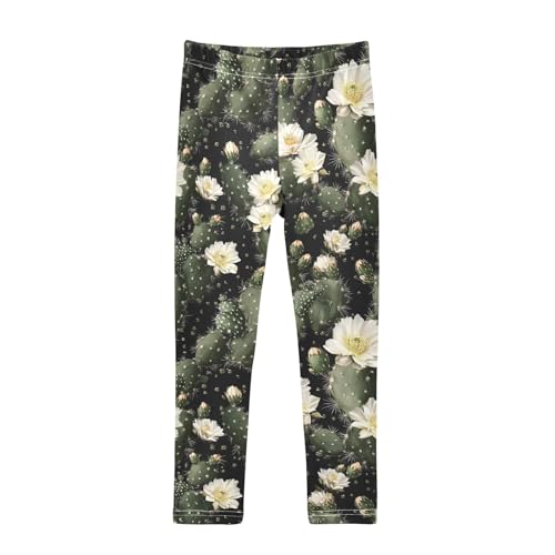 Tropical Green Cactus Flower Girls Leggings Ultra Soft Compression Yoga Gym Pants for Kids 4-10T