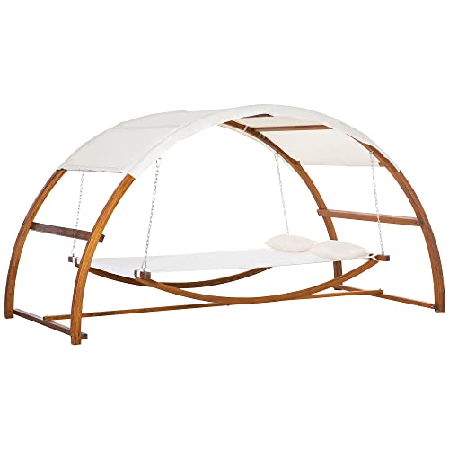 Outsunny Hängematte mit Holz Gestell und Sonnendach Hammock mit 2 Kopfkissen Stabhängematte Outdoor Indoor Cremeweiß+Natur 322 x 160 x 173 cm