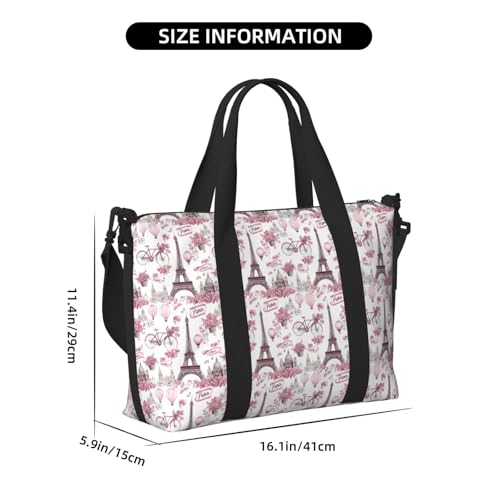 Travel Duffle Bags For Women Men - Pink Paris Street Scene Print Personal Item Weekender Overnight Gym Carry On Airport Tote Bag With Strap For Yoga, Travel, Business Trips2