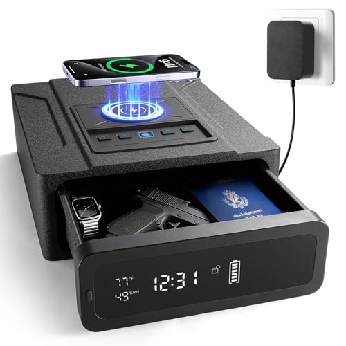 KPASAFE Biometric Gun Safe for Handgun Bedside Nightstand Pistol Safe with Wireless Charging Clock Display Fingerprint Keypad Auto-Open Drawer Backup Keys LED Light and Silent Mode