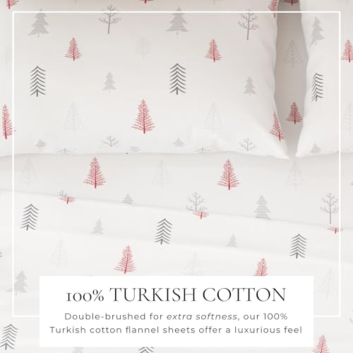 Image of Great Bay Home Flannel Sheet Set King Size - 100% Turkish Cotton, Double-Brushed, Printed Bed Sheets - Ultra-Soft, Cozy, 4-Piece Bedding Set (Winter Trees - Red)