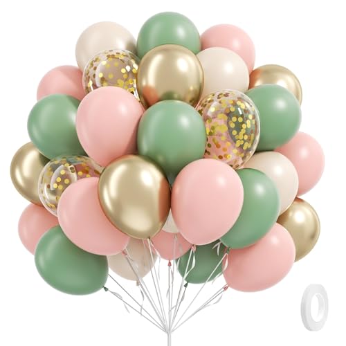Image of 60pcs Pink and Green Balloons 12inch with Sage Green Light Pink Sand White Metallic Gold Confetti Balloons for Birthday Bridal Shower Boho Baby in Bloom Baby Shower Decorations