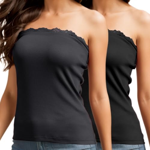 H HIAMIGOS 2 Pack Strapless Tube Tops for Women Lace Bandeau Top Long Ribbed Full Length Top No Bra