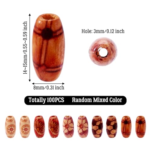 Craftdady 100Pcs Large Hole Printed Oval Wooden Beads 14x8mm Barrel Shape Wood Loose Spacer Beads for Macrame Braided Jewelry Making Bracelet Craft - Image 2