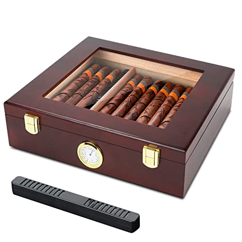 Cigar Humidors, Glass Top Handcrafted Humidor Cigar Box（30-50 Cigars）, Matte Cherry Finish Cigar Case With Front Digital Hygrometer, Humidifier & 2 Metal Lock Catch #TOP6