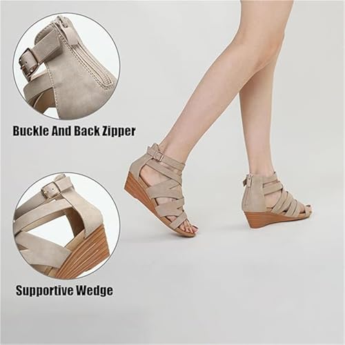 Dressy Comfortable Wedges Shoe, Women's Leather Ankle Strappy Adjustable Buckle Cutout Round Open Toe Back Zipper Wedge Sandals, Casual Non-slip Thick Soft Sole Roman Sandals, for Travel3