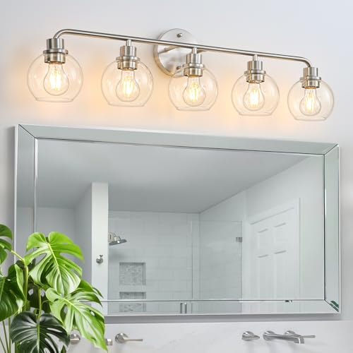 Image of Bathroom Light Fixtures 5 Light Brushed Nickel Vanity Light Silver | Modern Wall Sconces Lighting Bathroom Lights with Glass Shade Bath Wall Lights for Mirror Kitchen Living Room Hallway 34.5 inch
