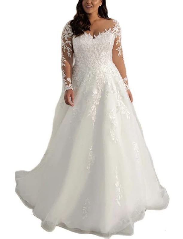 Damen Brautkleider Grosse Grössen Lang A-Linie Spitzen Hochzeitskleider mit Ärmel Prinzessin Trauung Kleid Standesamtliche Brautkleid Weiß 48
