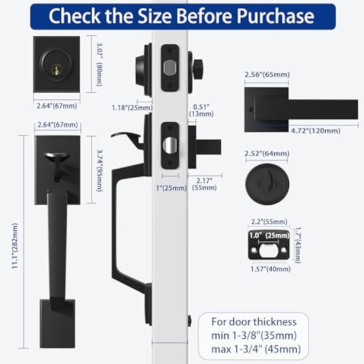 Matte Black Double Front Door Handle Set, French Door Locks for Double Doors with Smooth Deadbolt & Dummy Handle, Double Door Lock Easy to Install, Durable Construction for Front Door