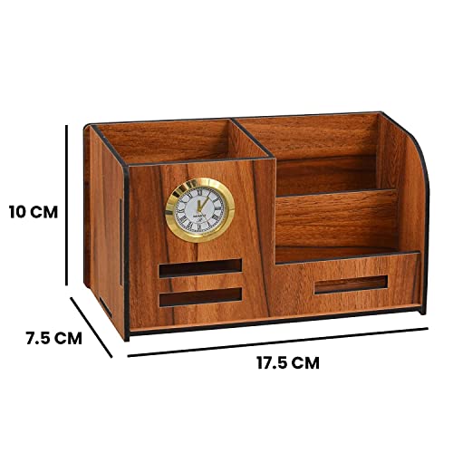 Image of Deskart Stylish Pen Stand with Clock, Business Visiting Card & Mobile Holder | Multipurpose Wooden Desk Organizer for Office Desk and Study Table