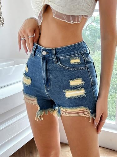 Image of Aahwan Dark Blue Solid Simple Daily Distressed Denim Shorts for Women's &Girl's