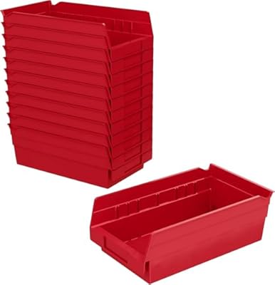 Akro-Mils 30130 Plastic Shelf Bins, Heavy Duty Storage Bins for Garage, Closet, and Drawer Organization, 12-Inch x 6-1/2-Inch x 4-Inch, Red, 12-Pack