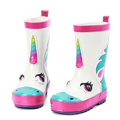 ALEADER Kids Waterproof Rubber Rain Boots for Girls, Boys & Toddlers with Fun Prints & Handles White Unicorn 9 M US Toddler