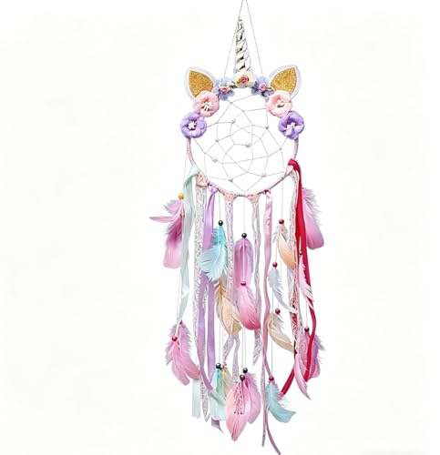 ALMLWIAJ Pink Unicorn Dream Catcher Attrape-Rêves Licorne, avec Plumes et Fleur, Décoration Chambre Fille, Cadeau Anniversaire ou Noël (Violet)