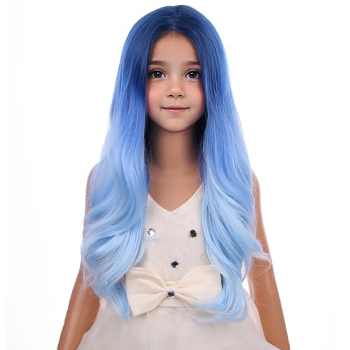 Image of PATTNIUM Kids Long Curly Wavy Blue Wig - Heat Resistant Synthetic Hair Wigs