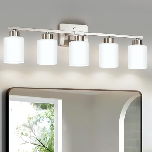 Image of FonmYim Brushed Nickel Bathroom Light Fixtures, 5-Light Modern Vanity Light Over Mirror, Wall Sconces with Milky White Frosted Glass Shades, E26 Socket (Bulbs Not Included)