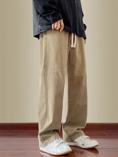 Men's Spring Autumn Jeans Loose Straight Elastic Waist Casual Long Pants2