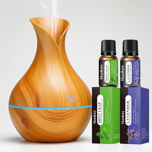 Aroma Essential Oil Diffuser Ultrasonic Aromatherapy Humidifier BPA-Free 130ml | 7-Colour LED 4 Timers Auto Shut-Off + Lavender & Mint Leaf Oils (Light Wood Grain)