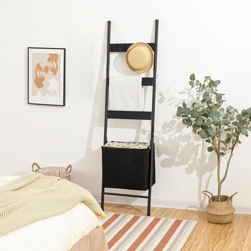 HOOBRO Blanket Ladder with Basket, 17.3”L x 63.4”H, Towel Rack with Hooks, Blanket Holder Rack, Decorative Ladder Shelf, Drying and Display Rack for Bathroom, Living Room, Black BB31CJ01 by HOOBRO - Image 6