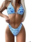 MakeMeChic Women's Halter Tie Side Triangle Bikini Set high Cut 2 Piece Bikini Swimsuit Bathing Suit Blue Floral M
