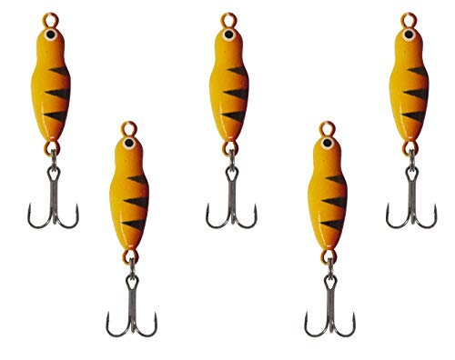 Tooth Shield Tackle Glow Ice Fishing Spoons/Jigs 5-Pack Crappie Perch Walleye Spoon Northern Pike 1/4 Oz. (Tiger Perch) #TOP3
