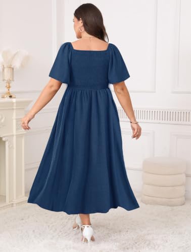 Image of Plus Size Casual Maxi Boho Dress for Curvy Women Short Sleeve Square Neck Smocked Summer Beach Dresses Button Down