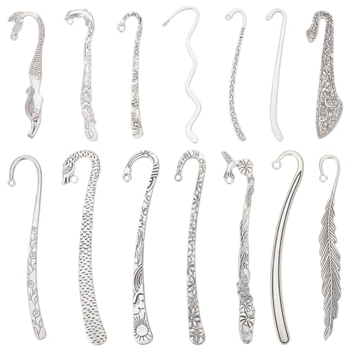 UNICRAFTALE 14pcs 14 Styles Tibetan Style Alloy Bookmarks Findings Antique Silver DIY Vintage Bookmark Unique Carved Hook Pendant Charm Book Marker with Loops for Book Lover DIY Project Gift