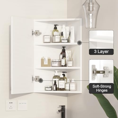 Armario de medicina de esquina con espejo, para baño | Montaje en pared, pequeño armario de esquina con 3 estantes, blanco, 16x24 pulgadas miniatura 3