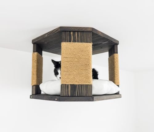 Cama Octagonal para Gatos Colgante de Madera con Poste de Sisal Negro