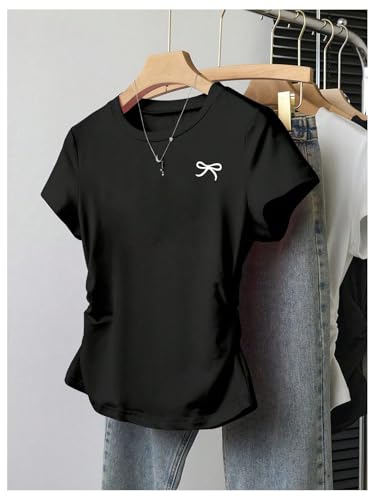 OYOANGLE Girl's 3 Piece Bow Print Short Sleeve T Shirts Set Summer Ruched Slim Fitted Tee Tops4