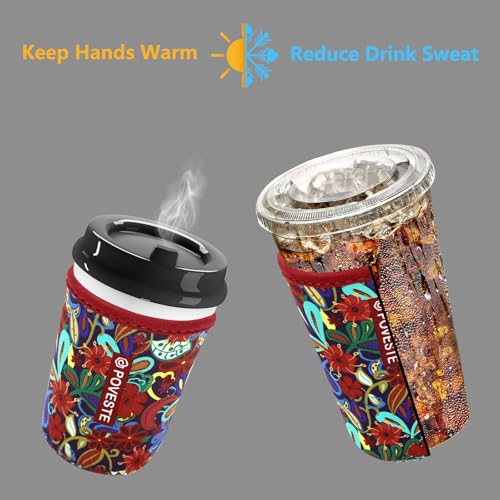 Image of Reusable Neoprene Insulator Sleeve for Iced Coffee & Cold Soda, Coffee Sleeves for Iced & Hot Drinks, Cold Beverage Cooler Compatible with Starbucks, Dunkin (Tropical Flower, Small: 16-18oz)