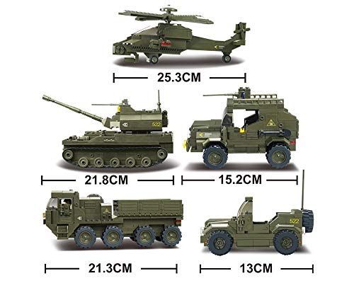 Sluban M38-B0208 Blocks Army Bricks Toy Hind Helicopter, T-90 Main Battle Tank, Army Personnel Carriers, Army Je-Ep, Prowl Car,1 Set, 25.2"X3.5"X18.7", Green #TOP3