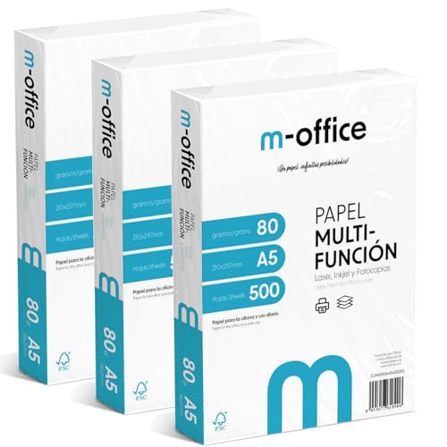 A5-Papier, 80 g, 3 Packung mit 500 Blatt, Multifunktionspapier für Inkjet- und Laserdrucker, A5-Blätter, 148 x 210 mm, ideal für Büro und Zuhause · m-office (1500 Blatt)