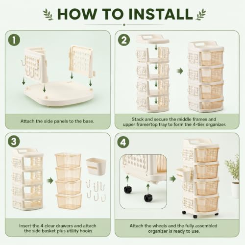 Image of Homeor 4 Tier Plastic Storage Drawer Cabinet with Wheels, Modular Chest of Drawers Organizer with Side Basket & Handle, Storage Trolley Rack for Home, Kitchen, Bedroom, Kids Room (Ivory Transparent)