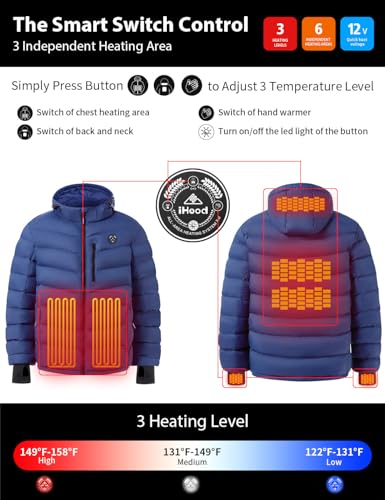 Men's Heated Jacket With 12V Battery Pack-Insulated Lightweight Hooded Hand-Heating Electric Heated Puffer Jacket (US, Alpha, Large, Regular, Regular, Blue)4