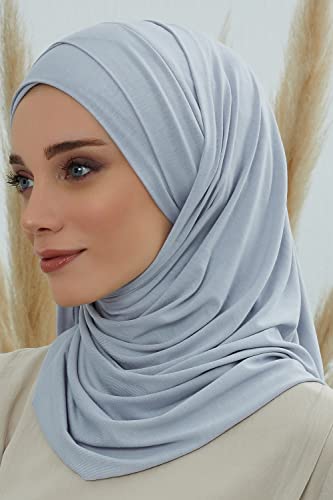 Aisha's Design Instant Hijab Scarves for Women Muslim, 95% Cotton Turban Scarf Head Wrap, Light Grey3
