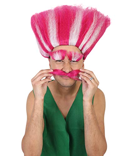 Halloween Party Online HPO King Troll Wig with Eyebrows and Mustache, Red/Pink with White Stripes, Kids and Adult Sizes HM-110