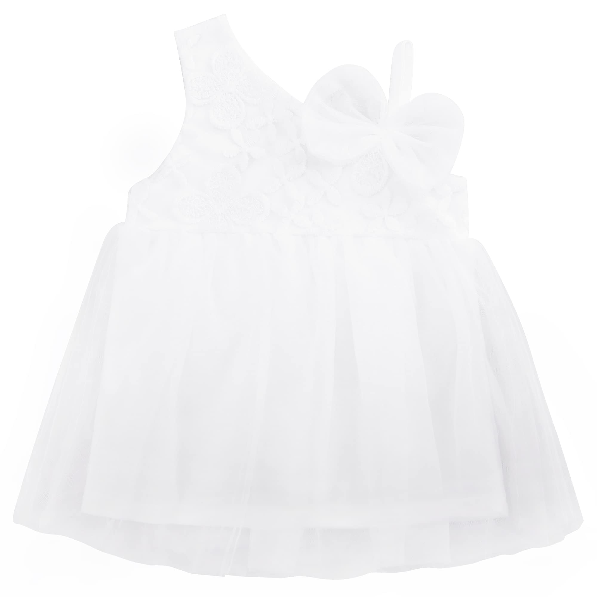 Neonato Bambina Morbido Cotone Abito in Tulle Abito in Pizzo Abiti da Principessa Estivi Monospalla Senza Maniche con Ricamo di Fiori a Fiocco - Bianco Tinta Unita per 0-24 Mesi
