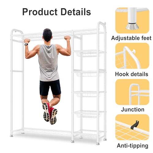 RISTERN White Metal Garment Rack for Hanging Clothes, Sturdy Versatile Wardrobe Rack with 2 Storage Racks and 5 Baskets, Closet Organizer, Free Standing Clothing Rack for Bedroom, Living Room