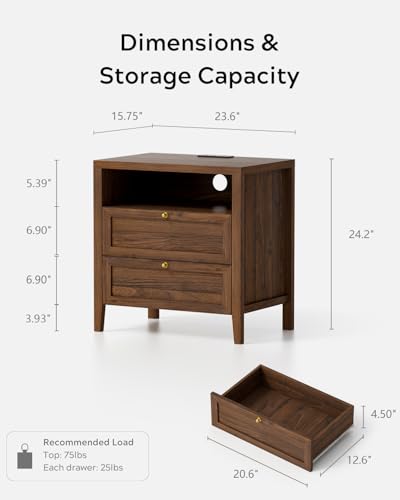 Image of EYYTHUNG Wooden Nightstand with Charging Station Modern End Table with 2 Drawers Farmhouse Night Stand Bedside Side Table with Storage Open Shelf for Sofa, Bedroom, Brown
