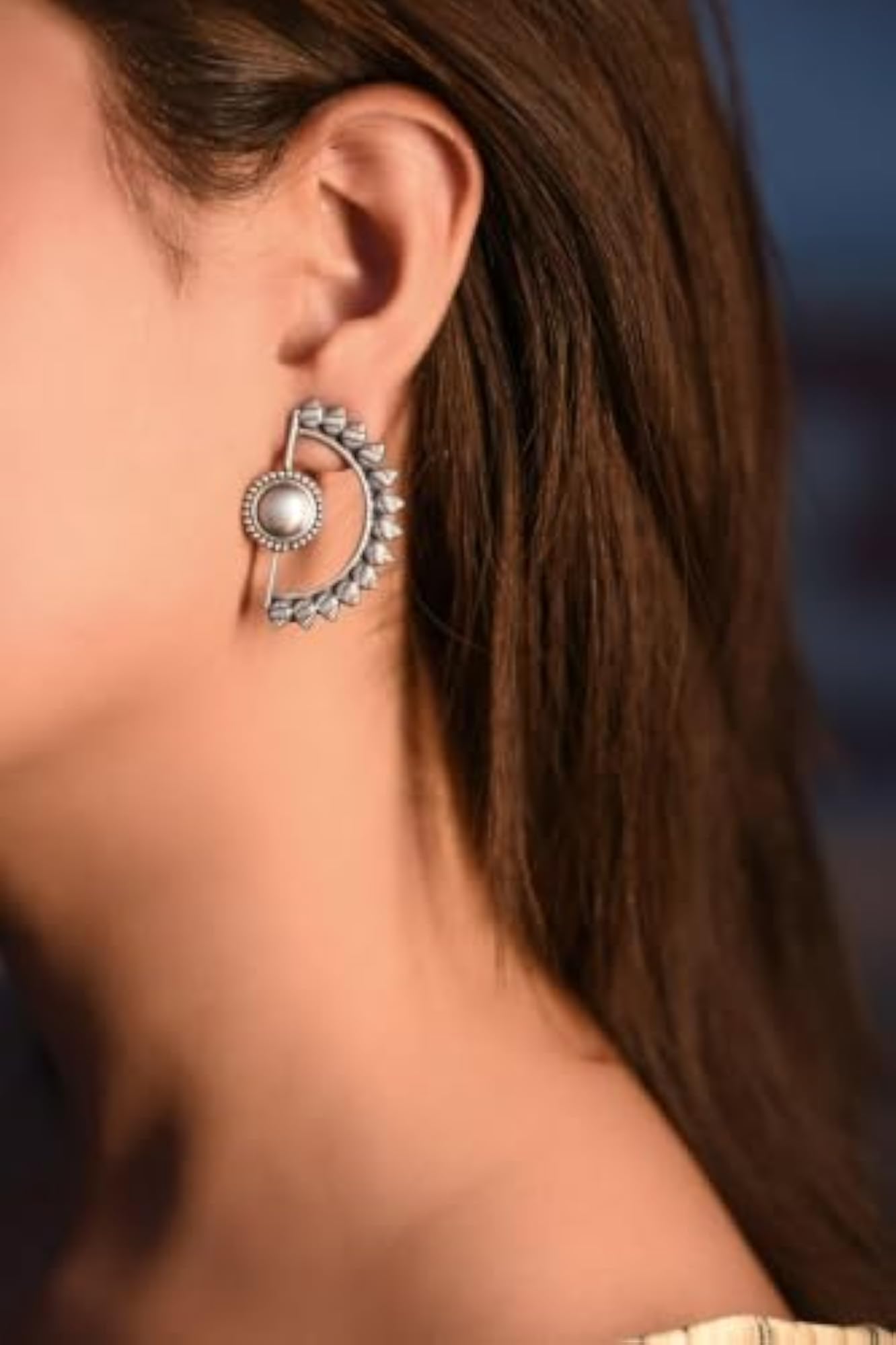 Women's Handmade 925 Sterling Silver Tribal Half-Moon Earrings