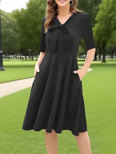 oxiuly Women's Vintage Bow Tie V-Neck Pockets Casual Work Party Cocktail Swing A-line Dresses OX2782