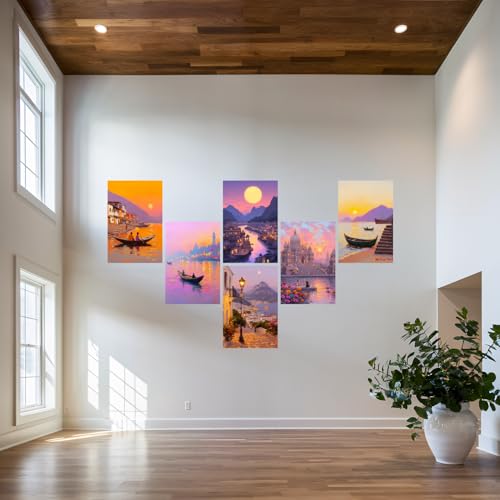 Image of SiddArtify Sunset Cityscape Wall Art Poster Print Set - Impressionist Boat & Building Decor for Living Room Bedroom Office - 12x18 inch Board Pack of 6